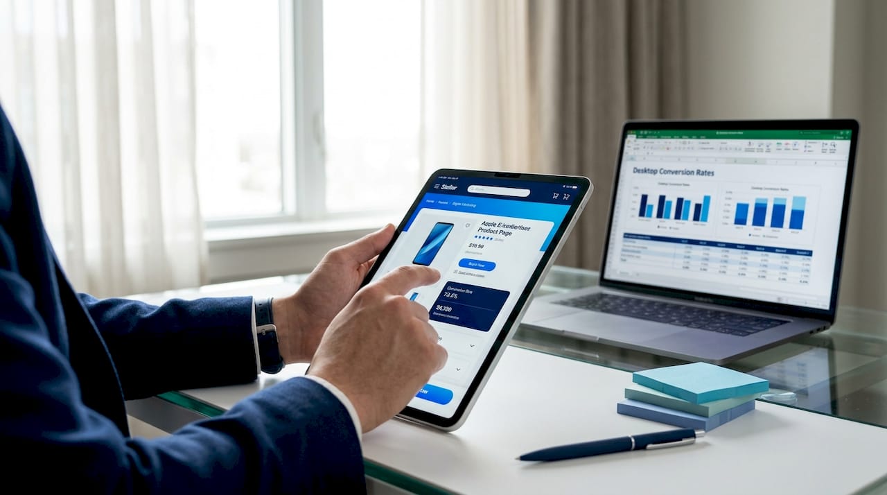 Hands holding smartphone showing ecommerce data next to laptop
