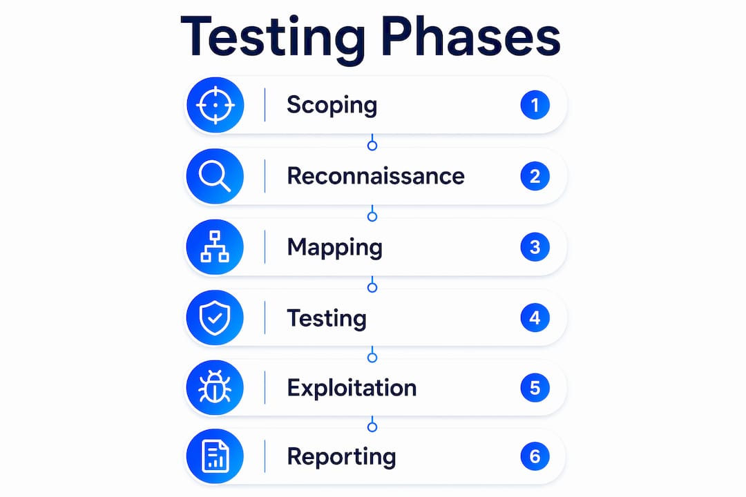 Infographic showing six web app security testing phases