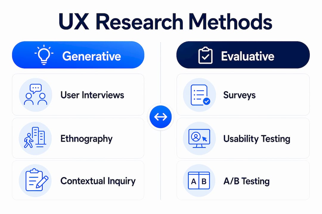 Infographic comparing generative and evaluative UX research methods