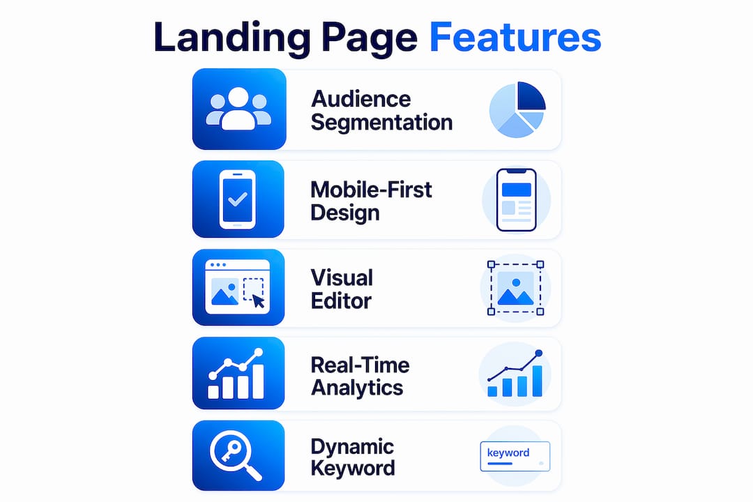 Infographic highlighting key Optimizely landing page features