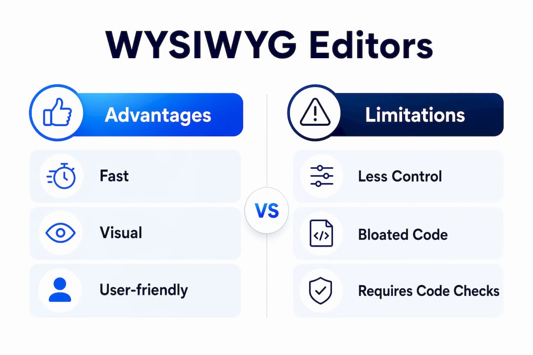 Infographic comparing advantages and limitations of WYSIWYG editors