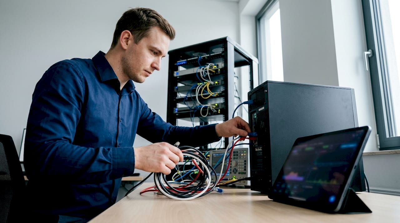 Hands setting up ad validation equipment