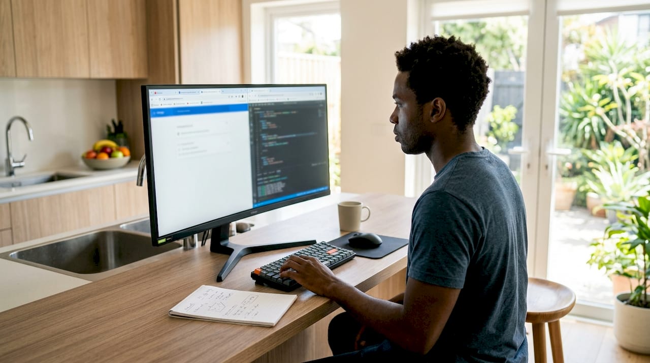 Engineer coding feature tests in home office