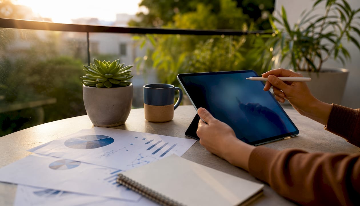 Hands examining marketing testing documents and tablet