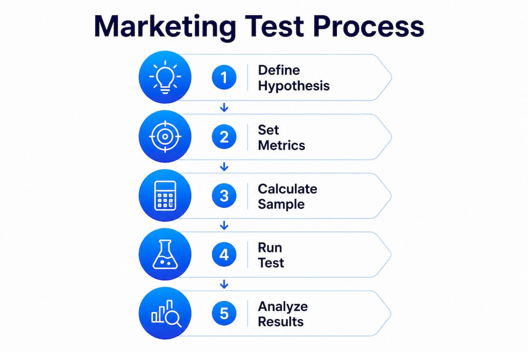 Infographic showing marketing testing analysis process steps