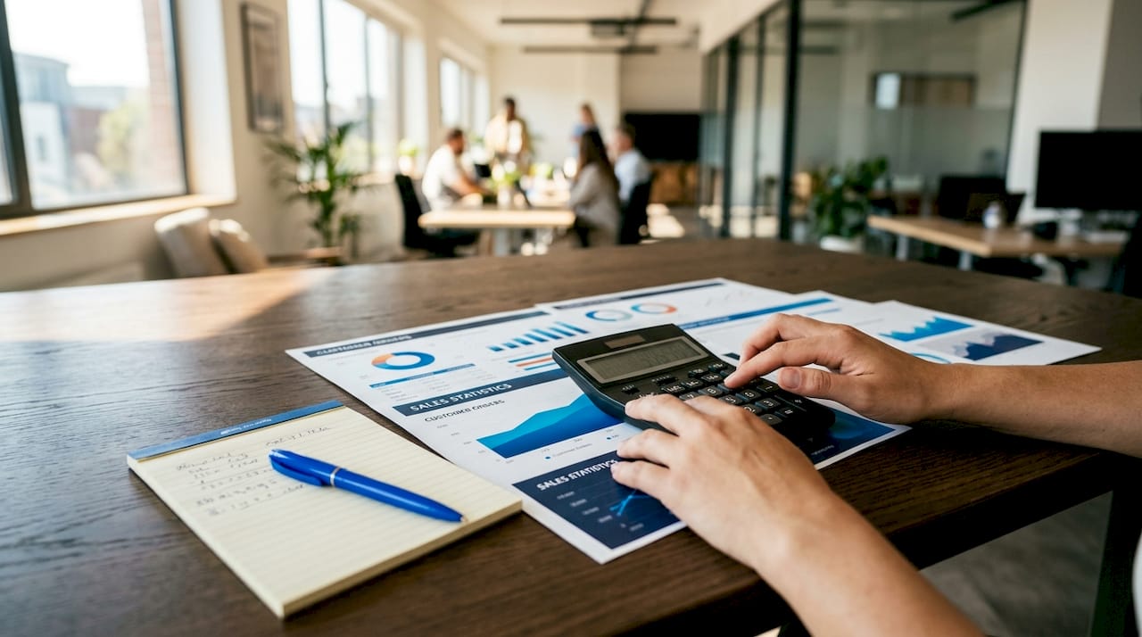 Hands calculating sales conversion metrics