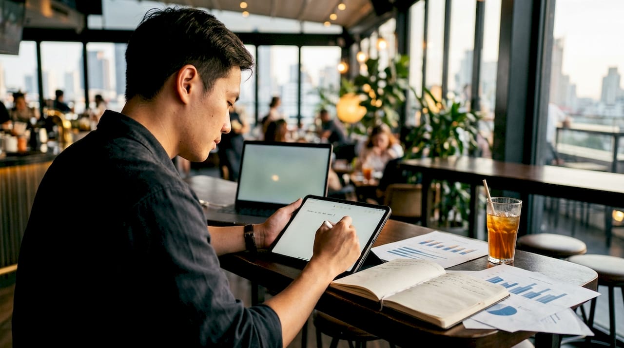 Man taking notes on marketing cost metrics