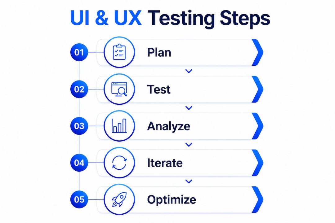Infographic illustrating UI and UX testing process steps