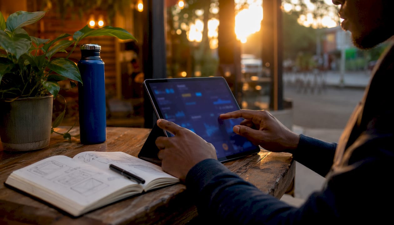 Hands interacting with tablet showing app dashboard