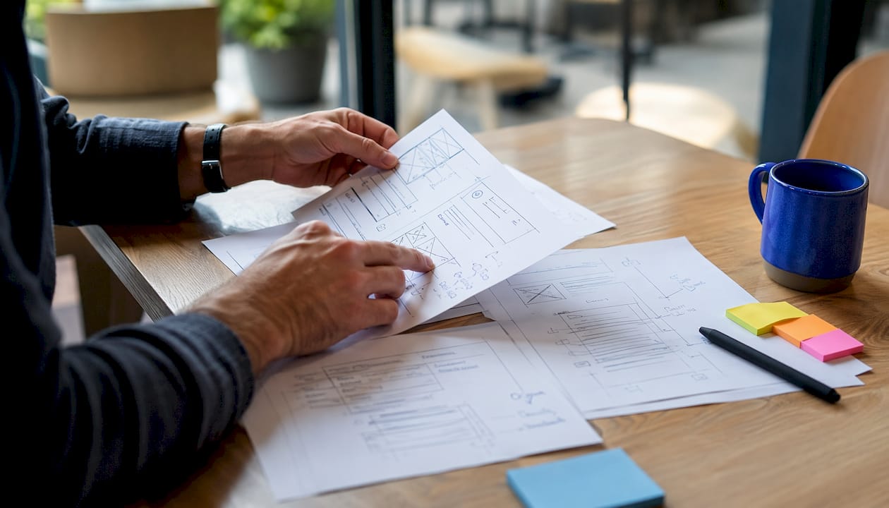 Marketer hands preparing A/B testing form sketches