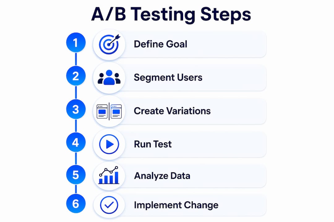 Infographic illustrating A/B testing process steps