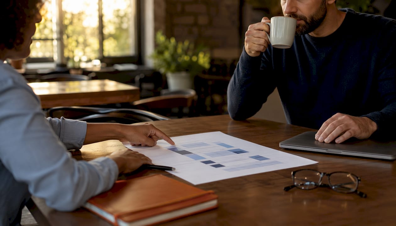 Hands pointing at KPI planning worksheet