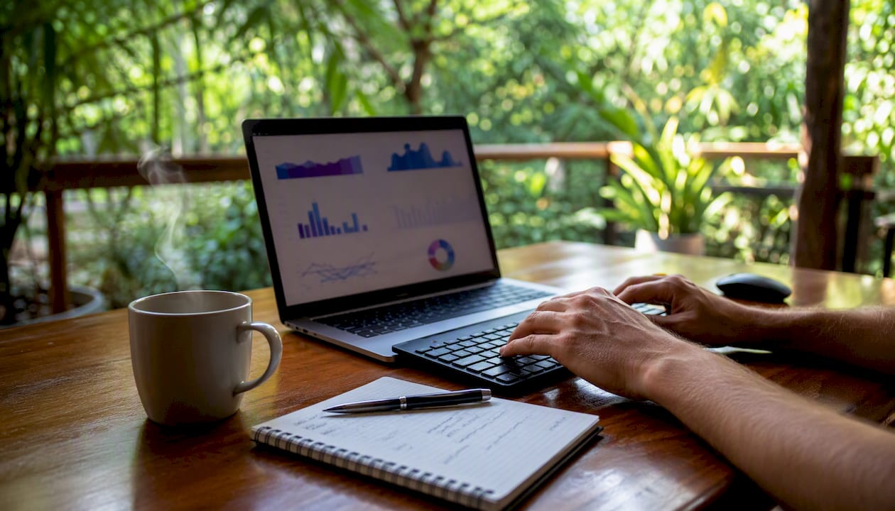Hands typing on laptop in home office workspace
