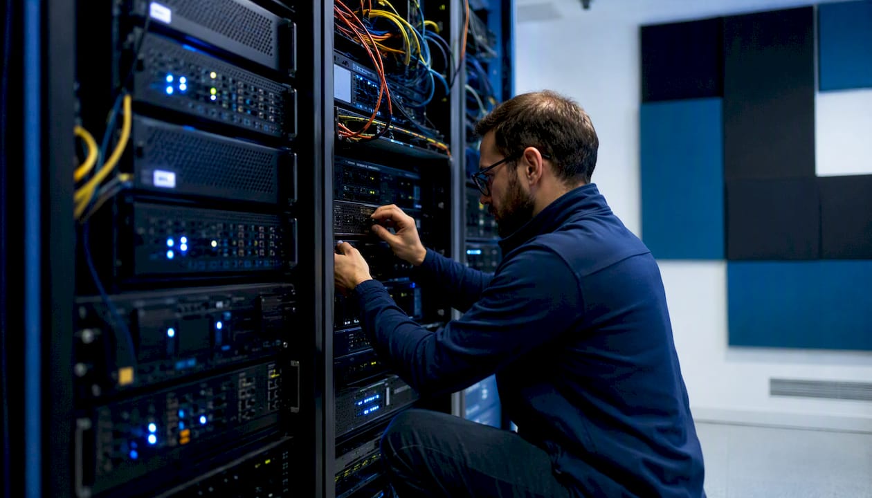 Hands adjusting server monitoring equipment