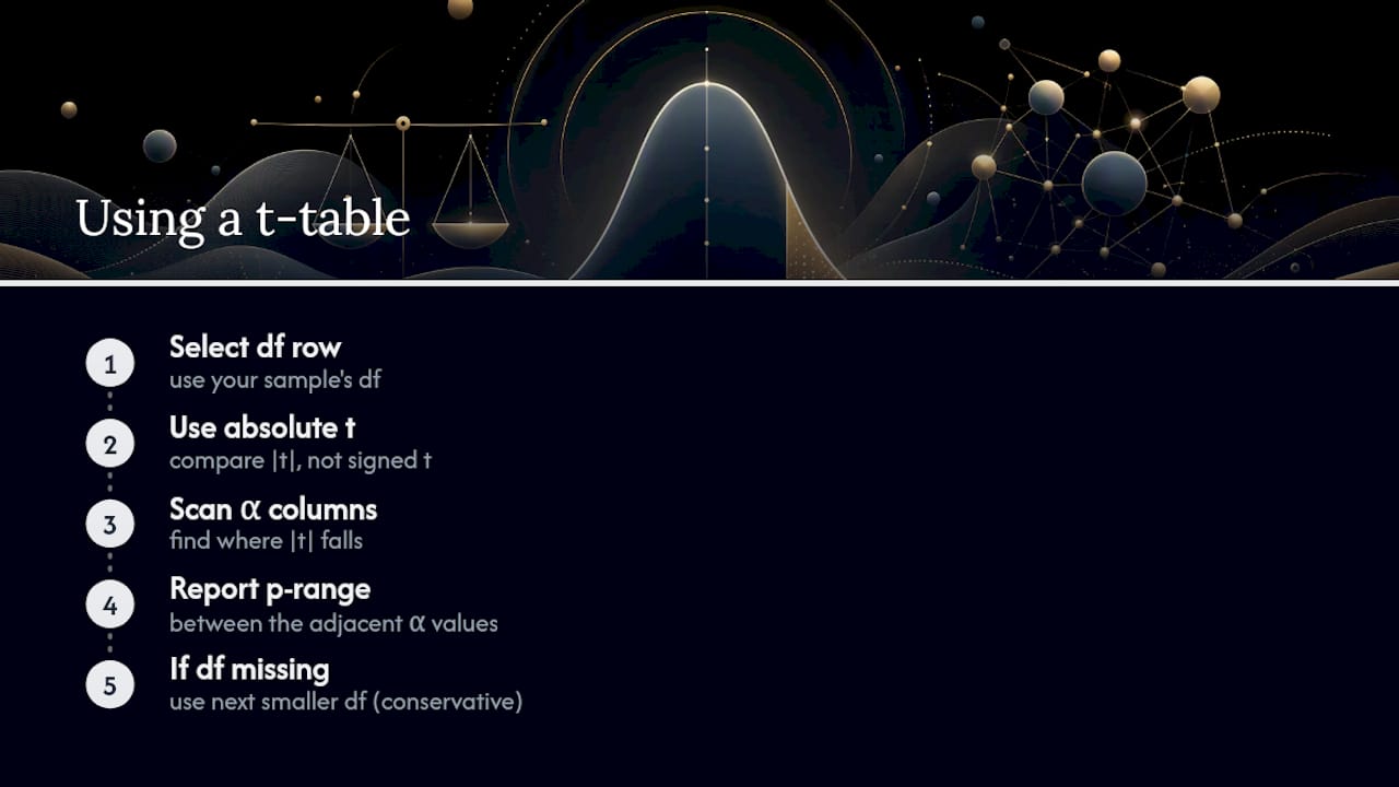 How to read a t-table when you don't have software — overview diagram