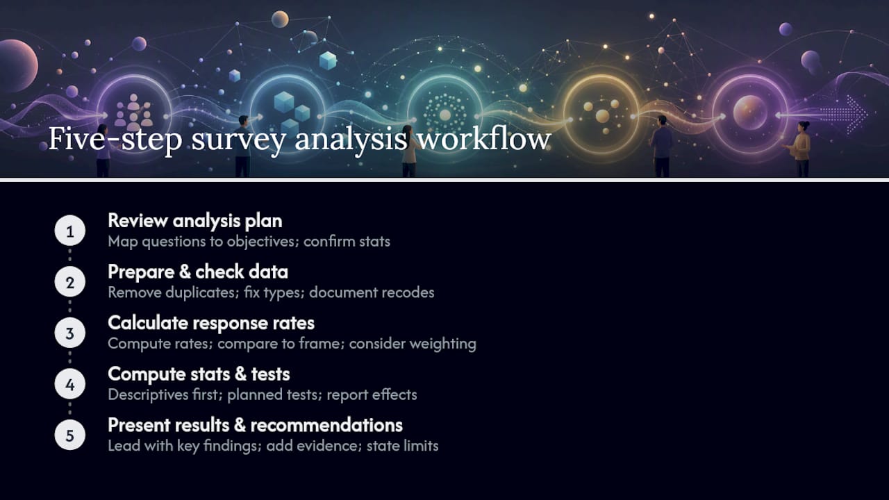Diagram of survey analytics five-step workflow