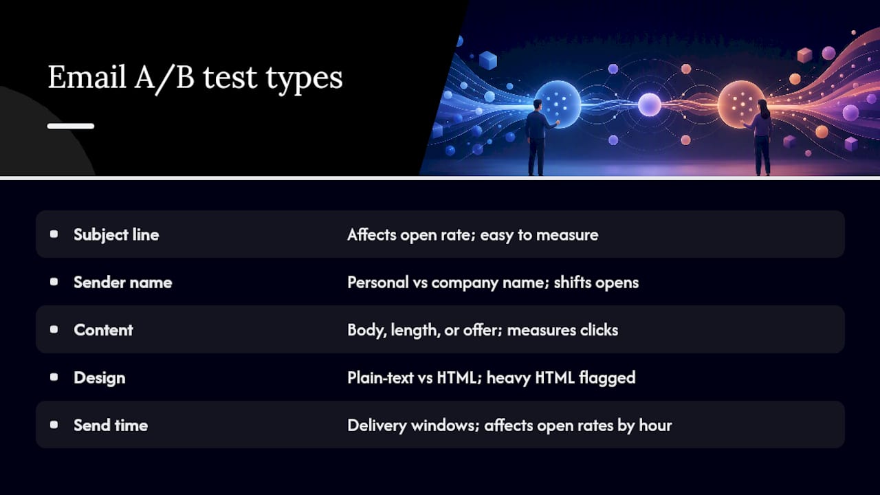Diagram comparing five email A/B test types