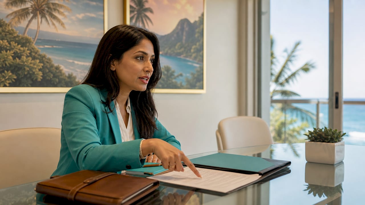 Lawyer discussing foreign property purchase documents