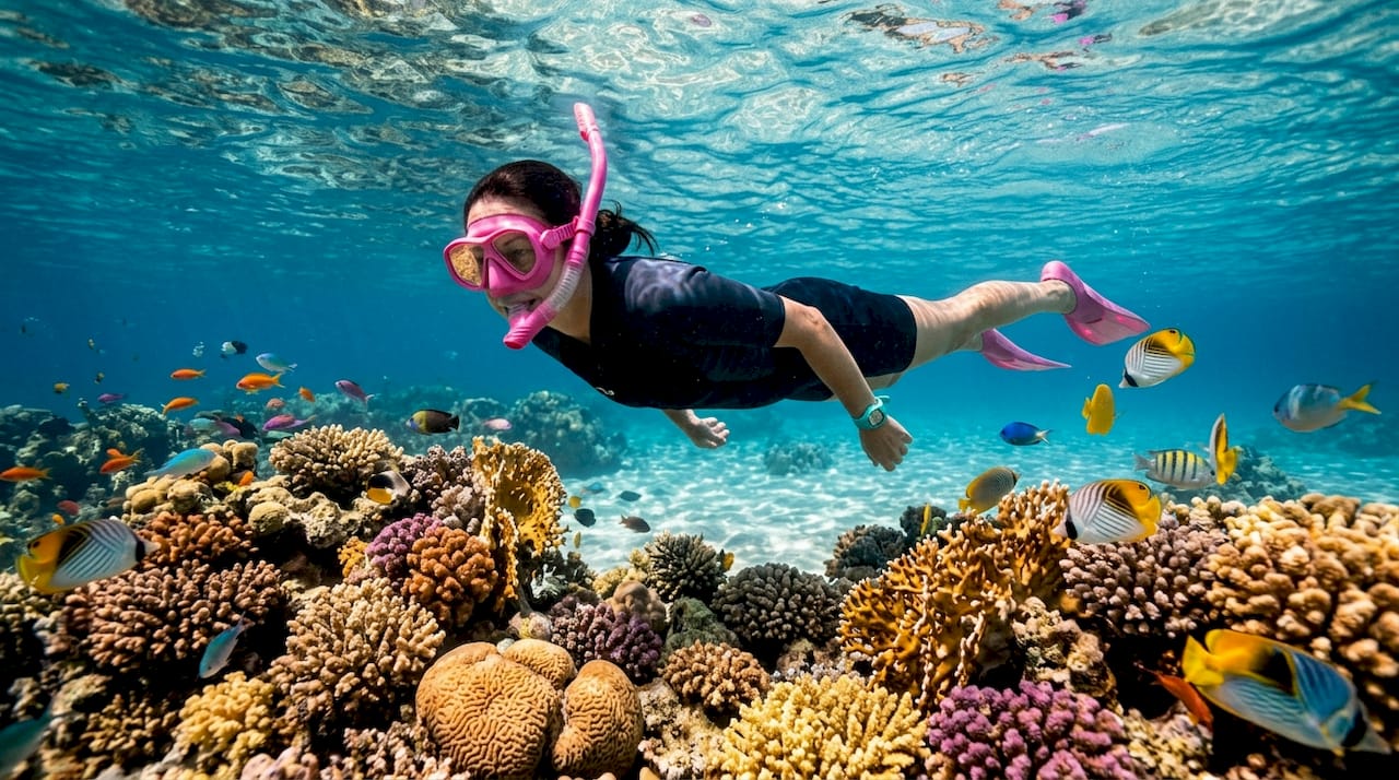 Snorkeler exploring coral reef near Mahmya Island