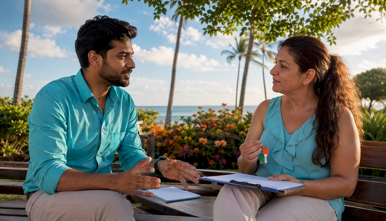 Property manager discussing lease with tenant outdoors