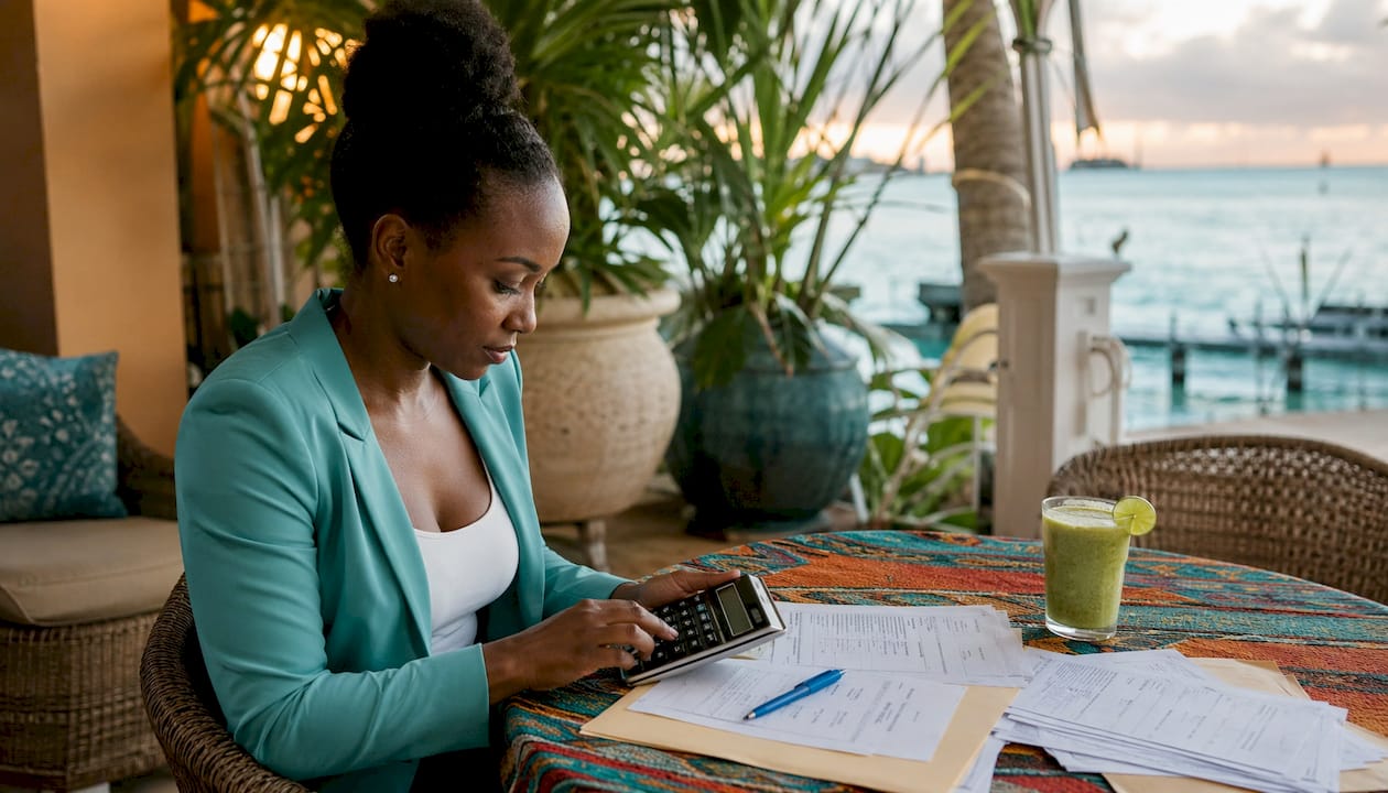 Hands calculating property transfer tax at desk