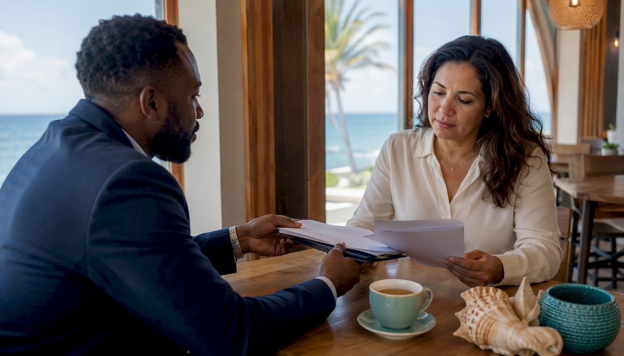 Hands exchanging financial documents at office table