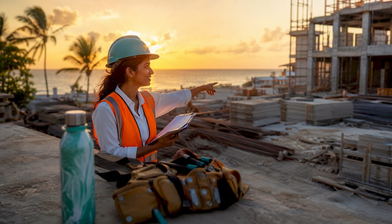 Woman inspecting overseas coastal construction site