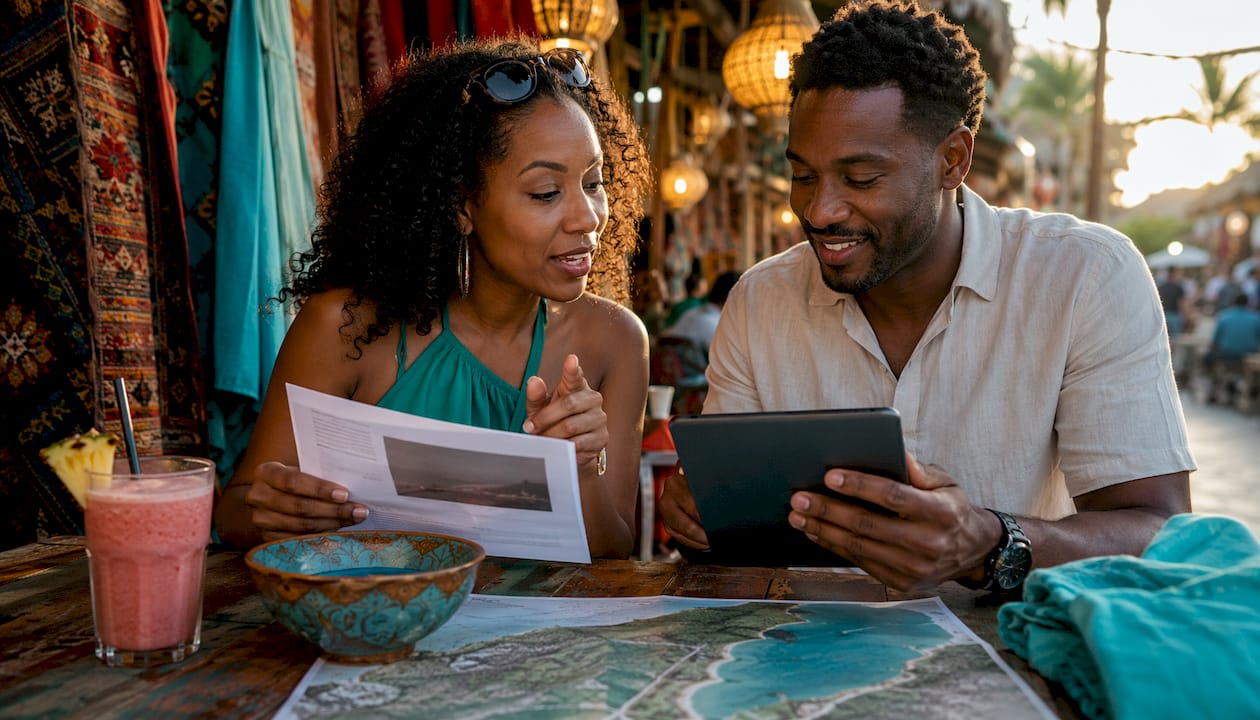 Couple discussing property purchase currencies outdoors