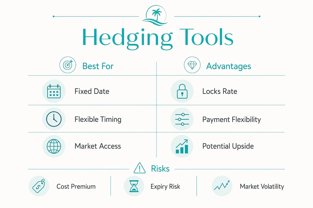 Infographic comparing currency hedging tools for property buyers