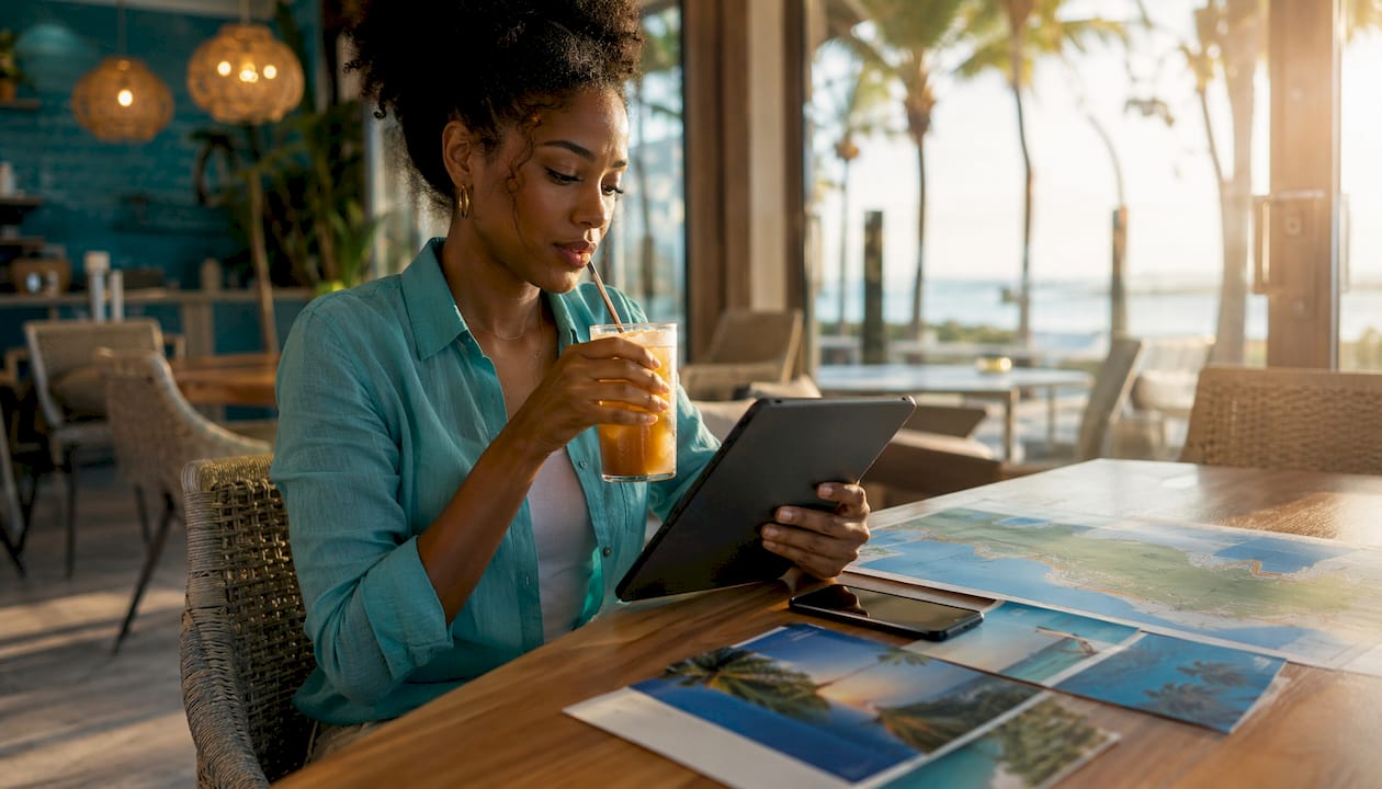 Woman researching Punta Cana coastal properties indoors