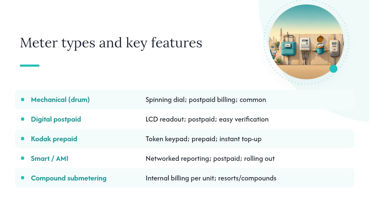 Diagram comparing Egyptian utility meter types and billing