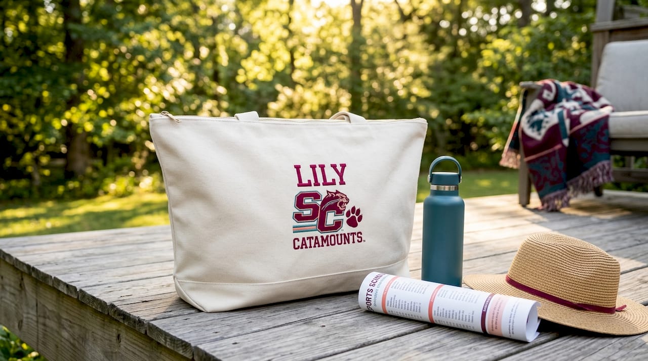 Personalized sports tote bag on bench