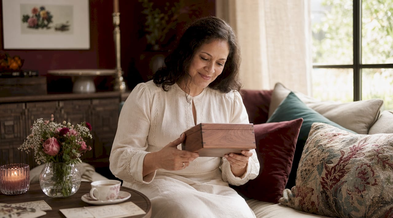 Woman contemplating a personalized gift at desk