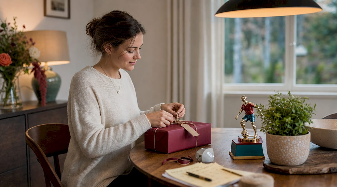 Person wrapping sports gift at home