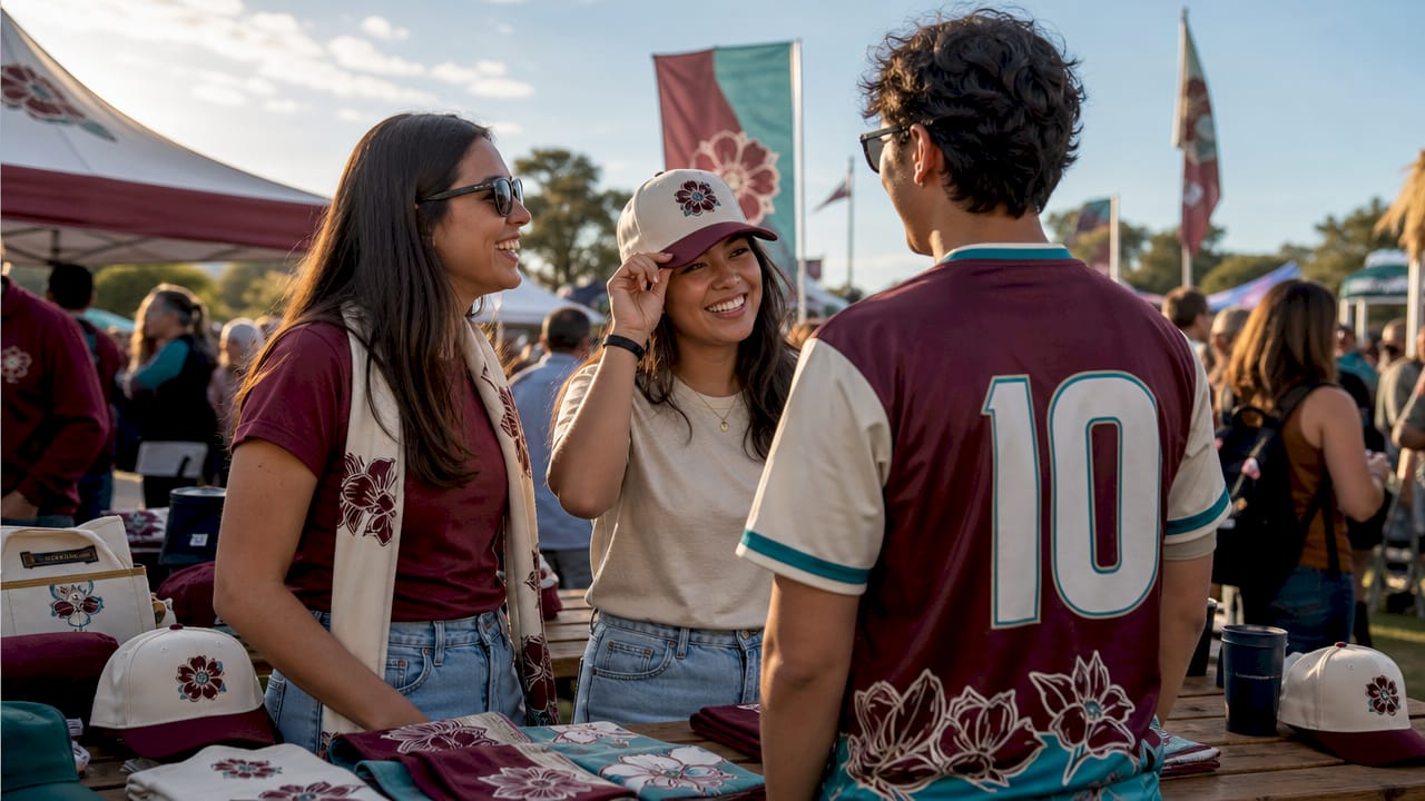Fans sharing custom sports gifts outdoors