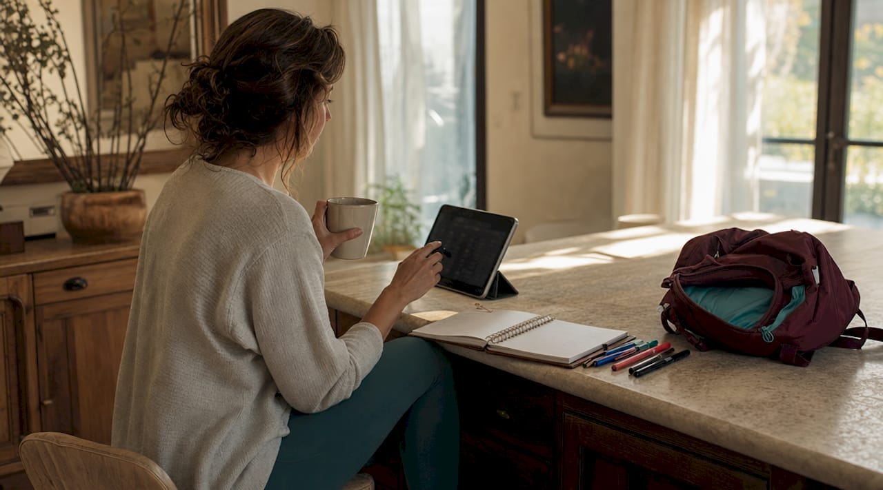Sports mom using digital calendar at kitchen table