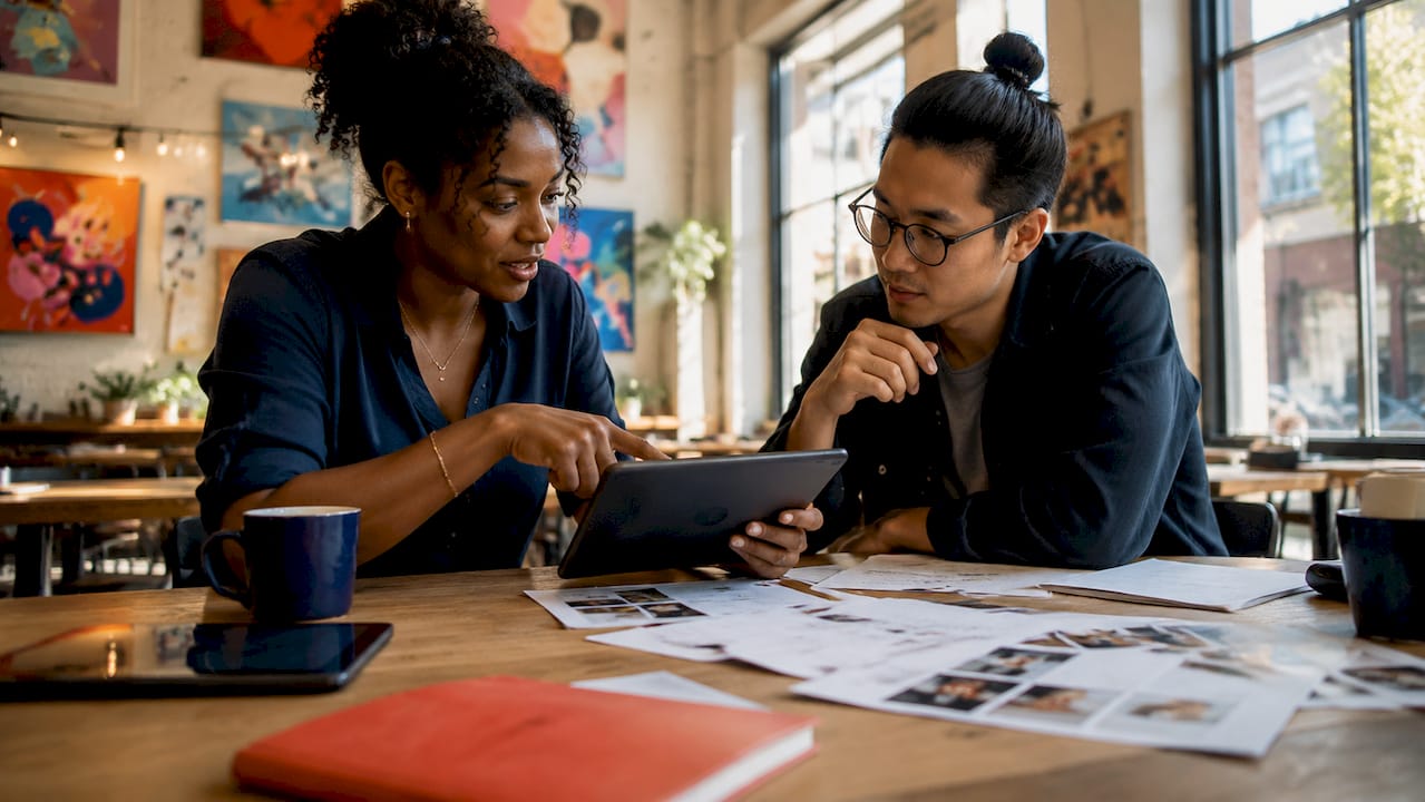 Creative team collaborating on brand story briefs