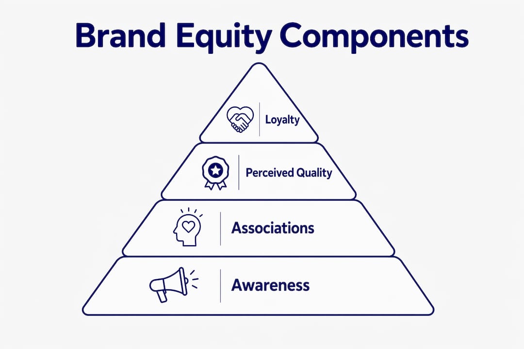 What is brand equity? A guide for marketers 3 • MB Brand Communications Infographic showing core brand equity components pyramid