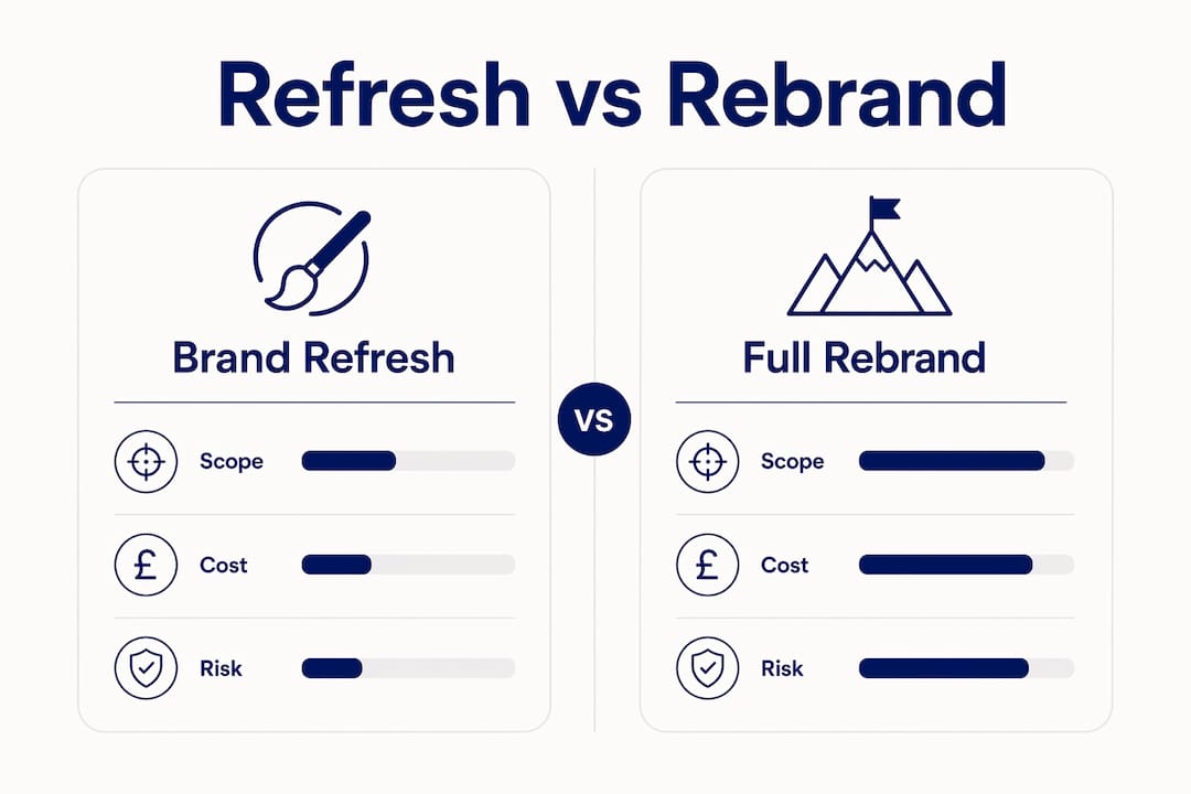 Brand refresh vs rebrand: a strategic guide for leaders 2 • MB Brand Communications Infographic comparing brand refresh and rebrand key factors