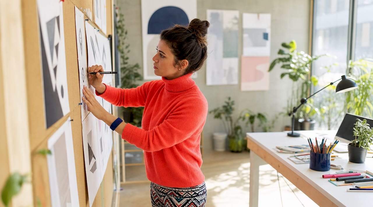 Designer sketching branding concepts in studio