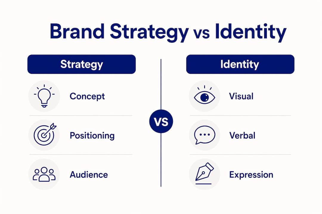 What is strategic brand identity? a leader's guide 3 • MB Brand Communications Infographic illustrating differences between brand strategy and identity