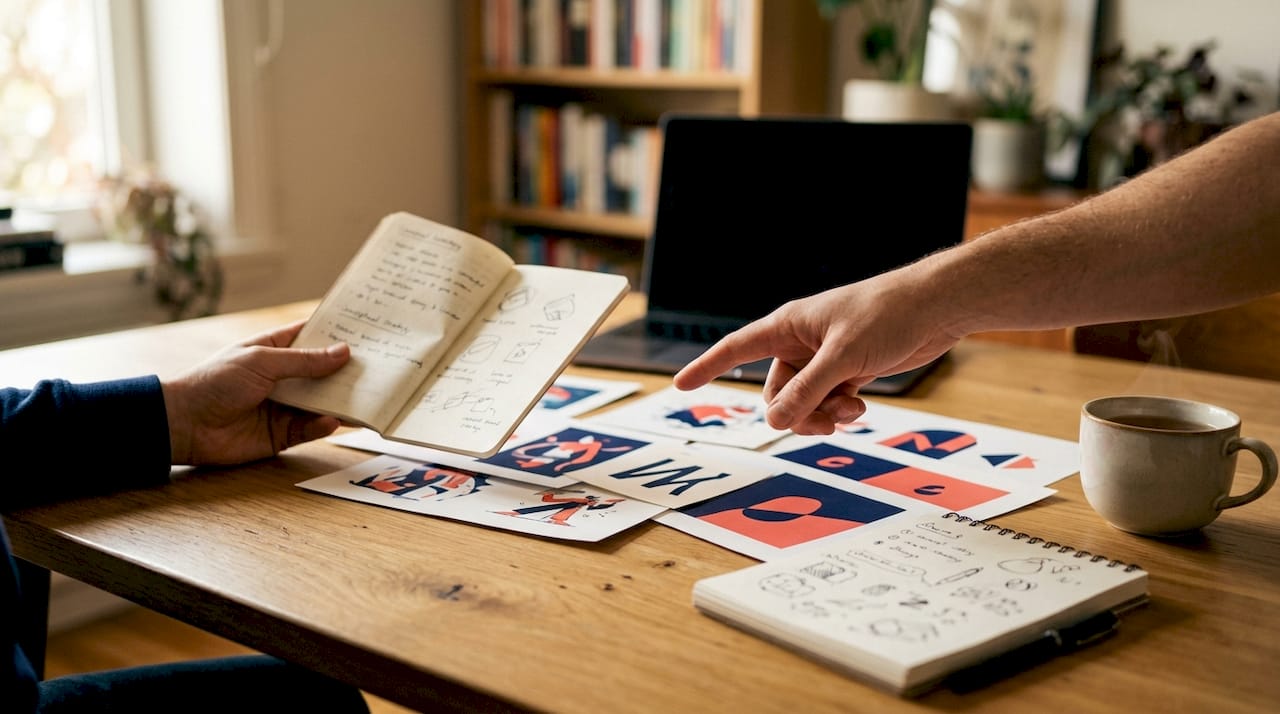 What is strategic brand identity? a leader's guide 2 • MB Brand Communications Hands comparing brand strategy and identity materials