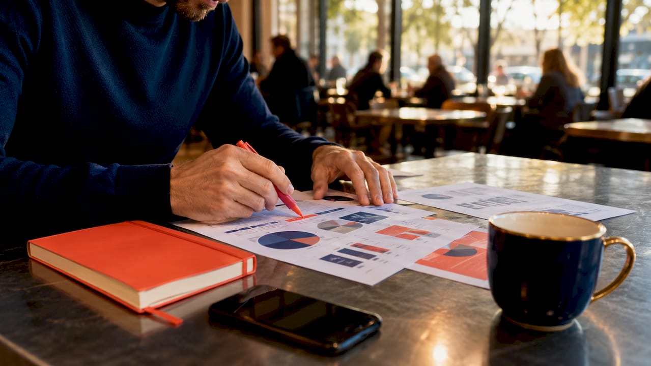 Hands analyzing brand positioning documents