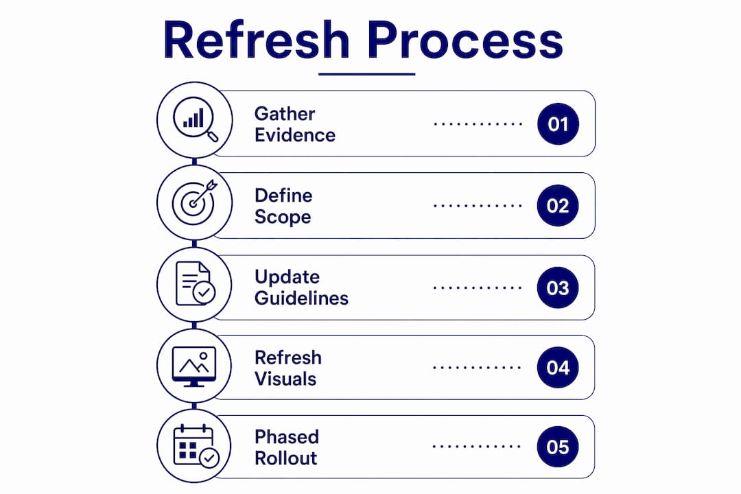 Modernise legacy brand communications: a leader's guide 3 • MB Brand Communications Infographic showing phased brand communications refresh steps