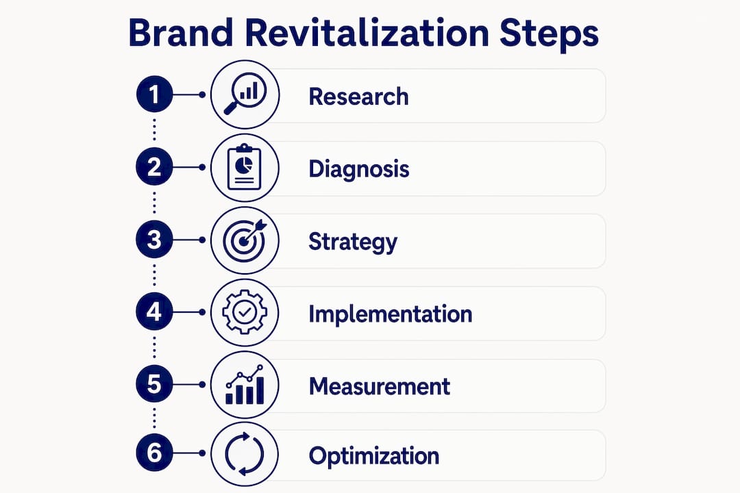 What is brand revitalization? A guide for marketers 3 • MB Brand Communications Infographic showing six-step brand revitalization process
