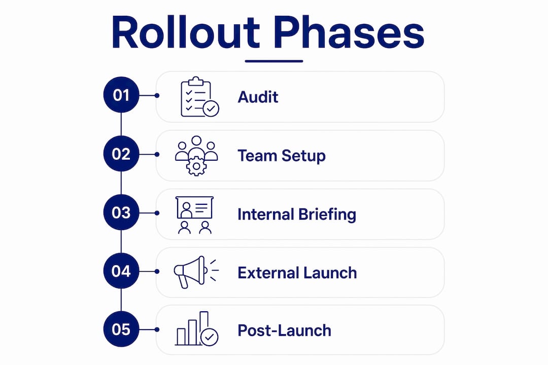 How to lead a brand transformation initiative 3 • MB Brand Communications Infographic illustrating brand transformation rollout steps