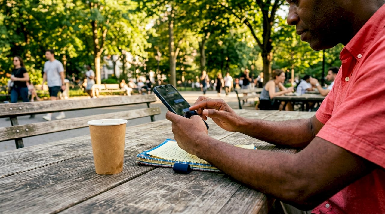 How to refresh brand messaging for your existing audience 3 • MB Brand Communications Hands of man interacting with messaging on phone outdoors