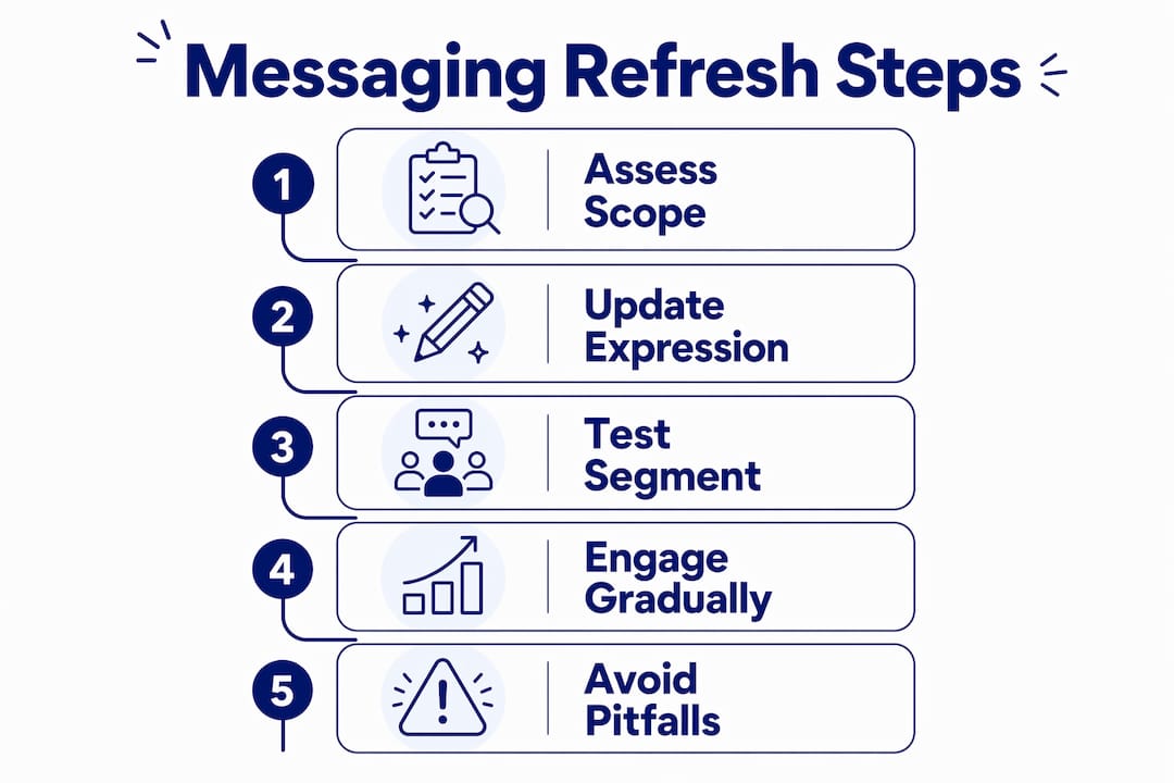 How to refresh brand messaging for your existing audience 2 • MB Brand Communications Infographic illustrating brand messaging refresh steps