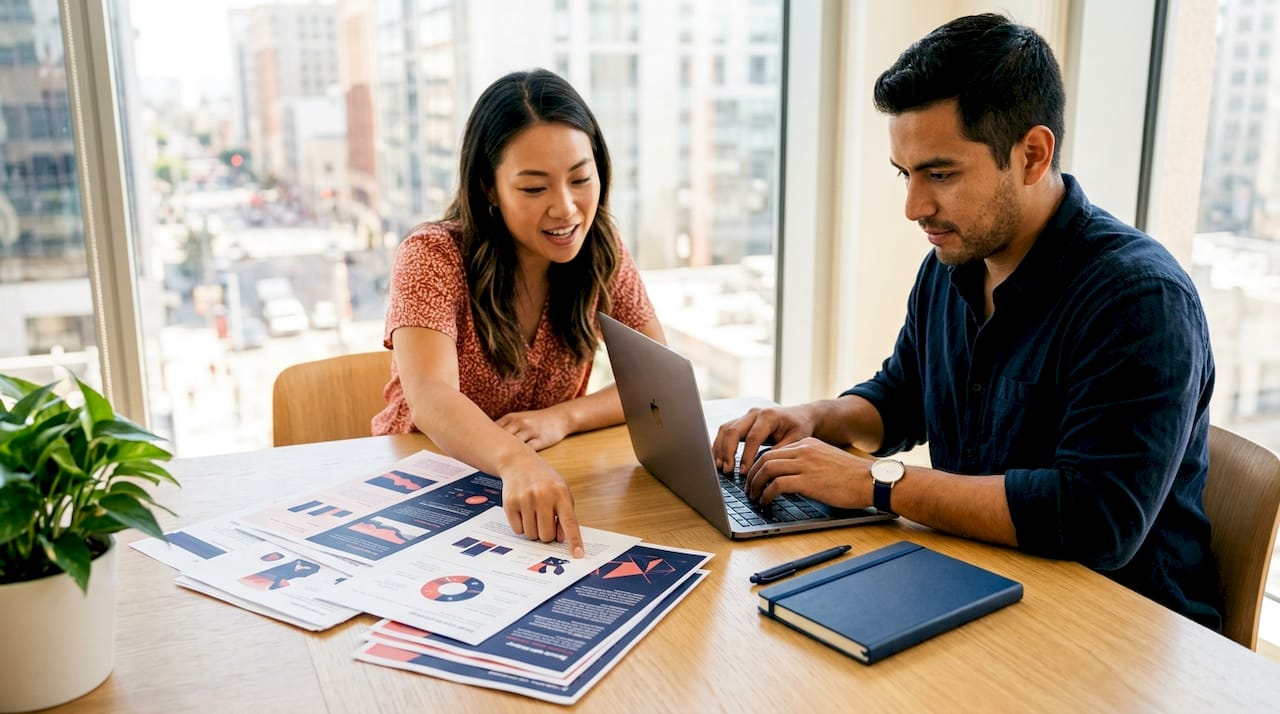 Two marketers reviewing brand strategy documents