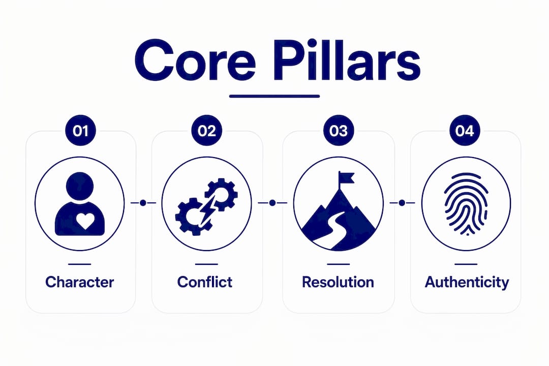 The role of storytelling in branding: 2026 guide 3 • MB Brand Communications Infographic illustrating core pillars of brand storytelling
